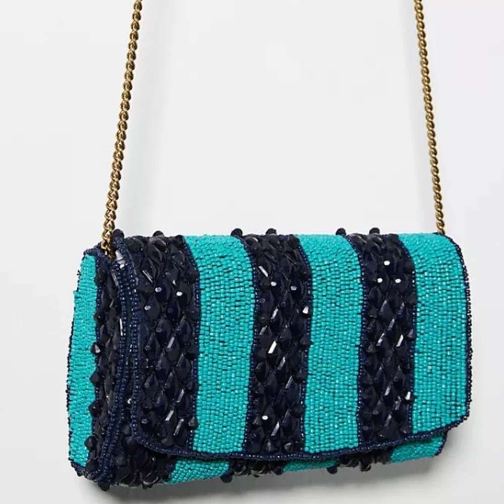 NWT striped beaded clutch purse turquoise